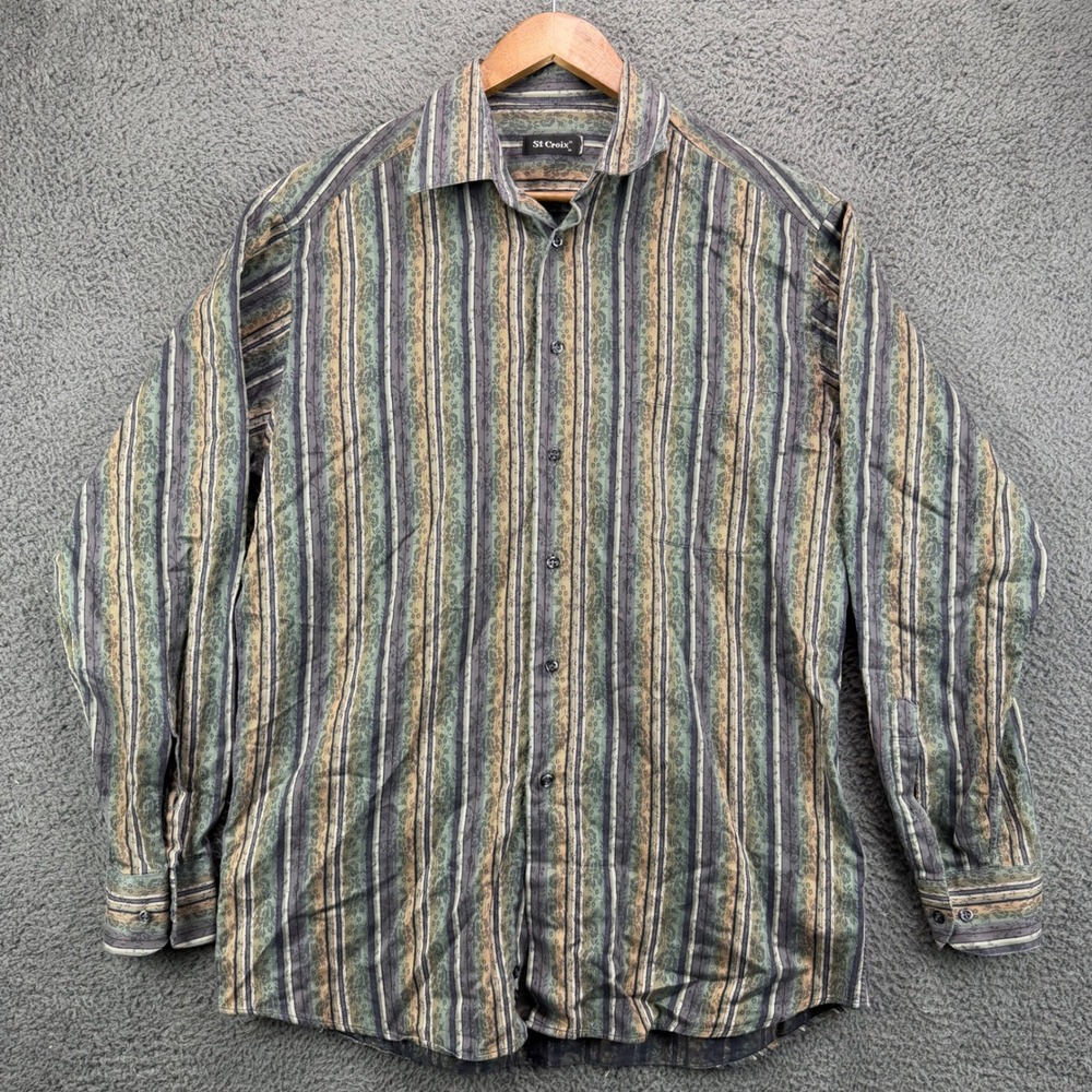 St Croix Mens Long Sleeve Button Down Shirt Medium Green Tan Paisley Stripe 9177